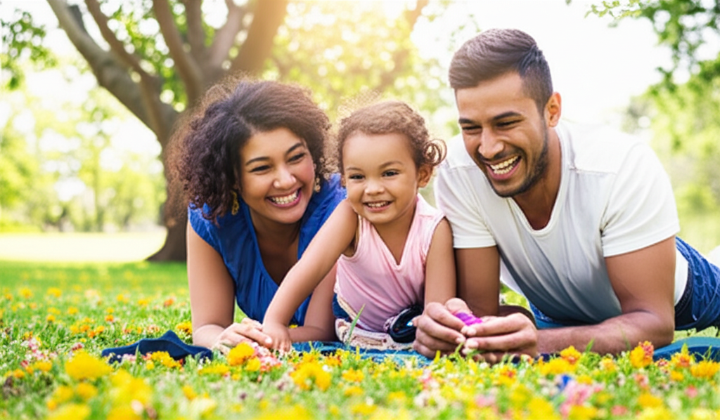 Happy multi-racial family with two adults and one child smiling together